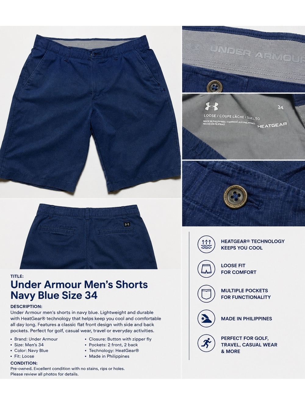 Under Armour Men’s HeatGear Golf Shorts Size 34 Navy Blue Loose Fit Polyester